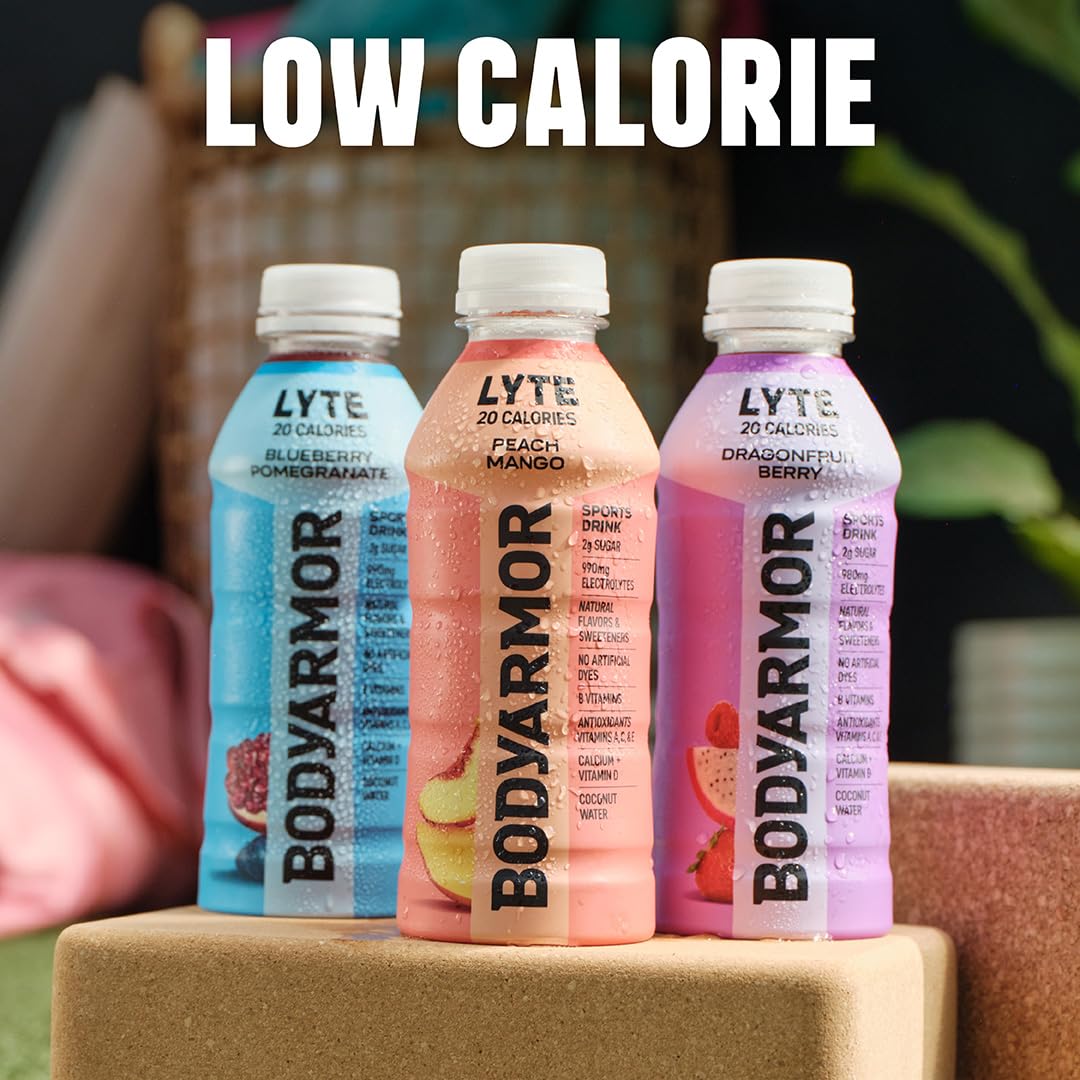 BODYARMOR LYTE,Peach Mango,Electrolyte Drink,20 Calories,16 Fl Oz Bottles,Coconut Water Sports Drink,Natural Flavor & B Vitamins,(Pack of 24)