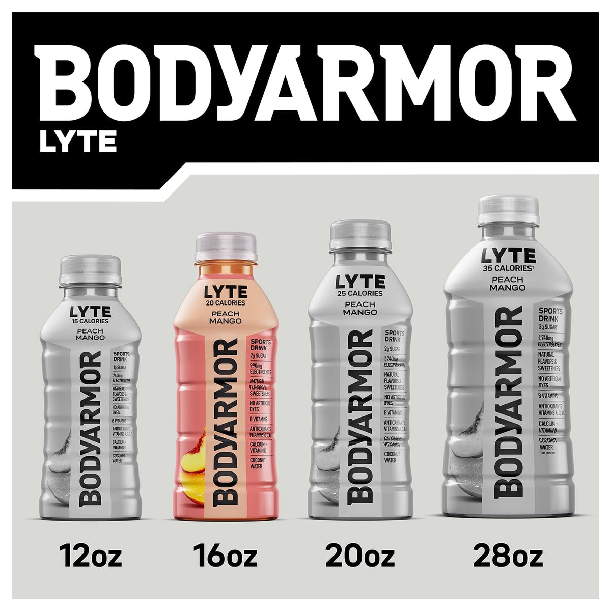 BODYARMOR LYTE,Peach Mango,Electrolyte Drink,20 Calories,16 Fl Oz Bottles,Coconut Water Sports Drink,Natural Flavor & B Vitamins,(Pack of 24)