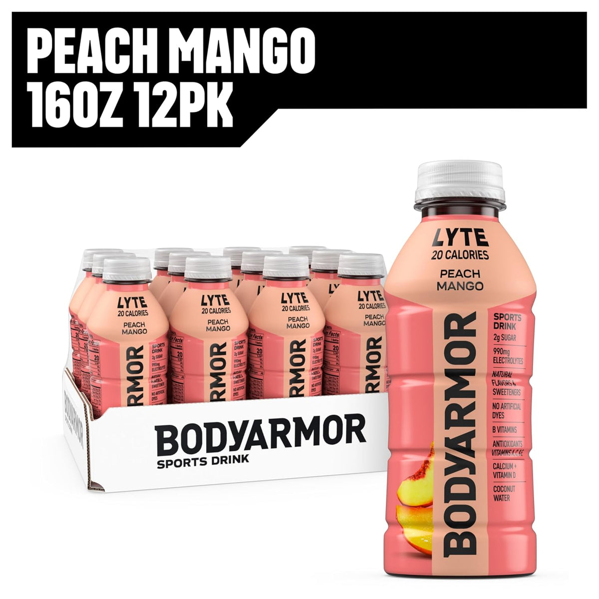 BODYARMOR LYTE,Peach Mango,Electrolyte Drink,20 Calories,16 Fl Oz Bottles,Coconut Water Sports Drink,Natural Flavor & B Vitamins,(Pack of 24)