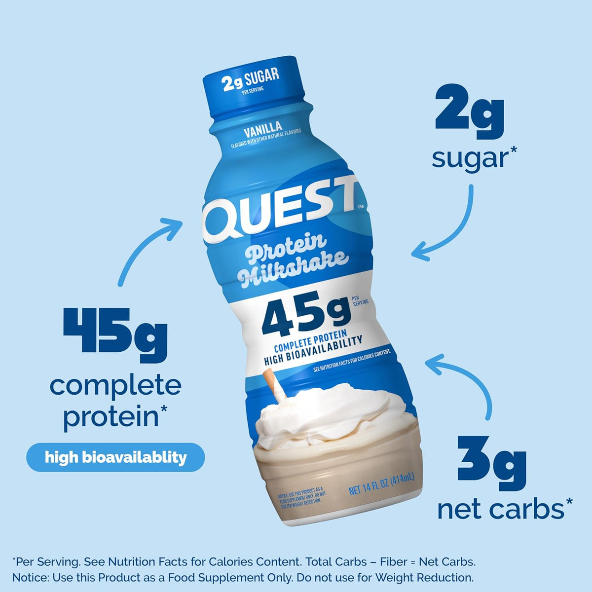 Quest Nutrition Vanilla Protein Shake, 45g Protein, 2g Sugar, 3g Net Carbs, Ready to Drink, Gluten Free, 12 Count