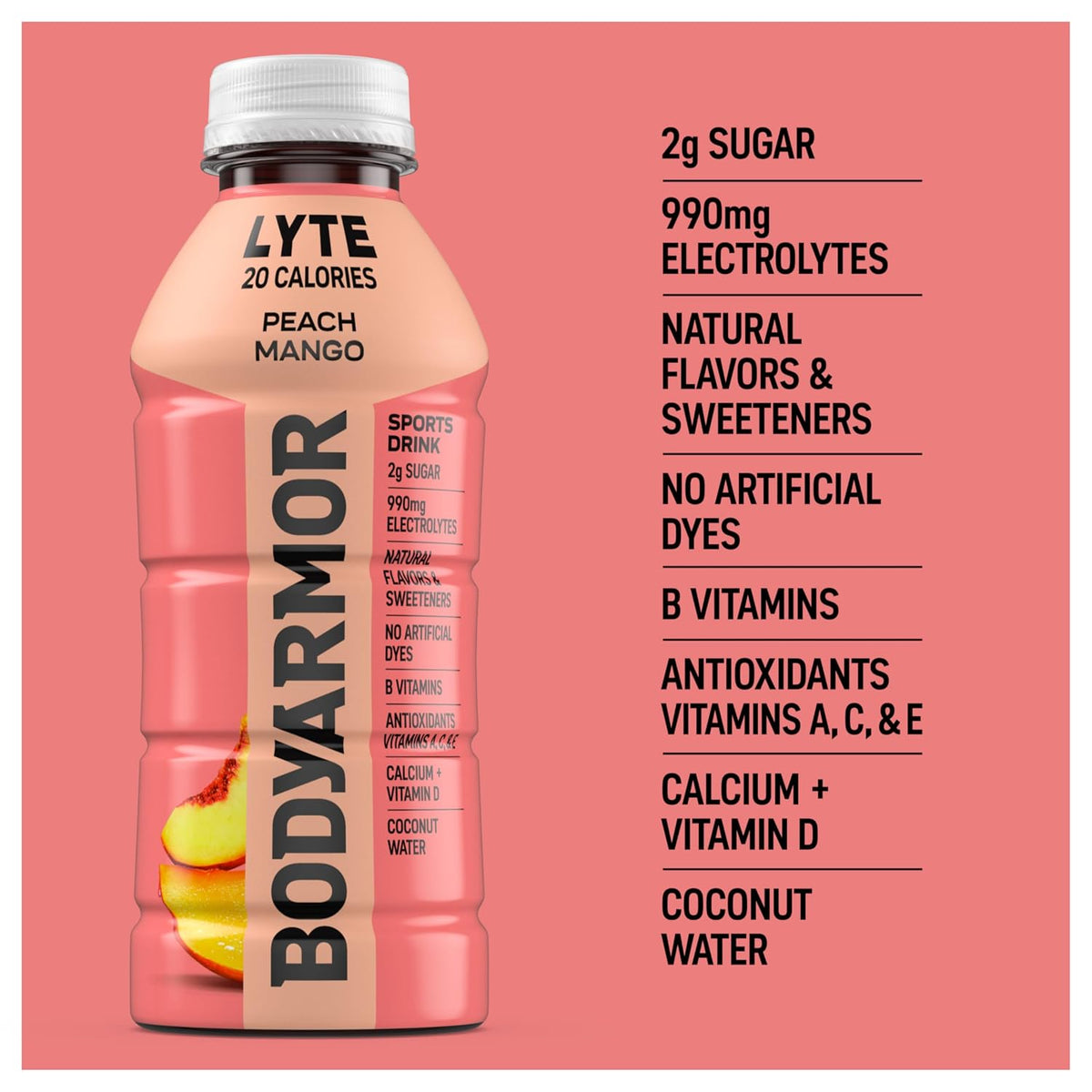 BODYARMOR LYTE,Peach Mango,Electrolyte Drink,20 Calories,16 Fl Oz Bottles,Coconut Water Sports Drink,Natural Flavor & B Vitamins,(Pack of 24)