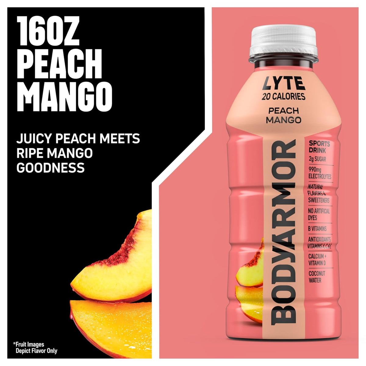 BODYARMOR LYTE,Peach Mango,Electrolyte Drink,20 Calories,16 Fl Oz Bottles,Coconut Water Sports Drink,Natural Flavor & B Vitamins,(Pack of 24)