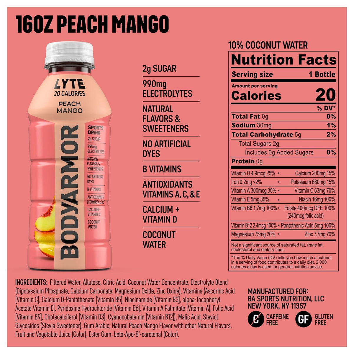 BODYARMOR LYTE,Peach Mango,Electrolyte Drink,20 Calories,16 Fl Oz Bottles,Coconut Water Sports Drink,Natural Flavor & B Vitamins,(Pack of 24)