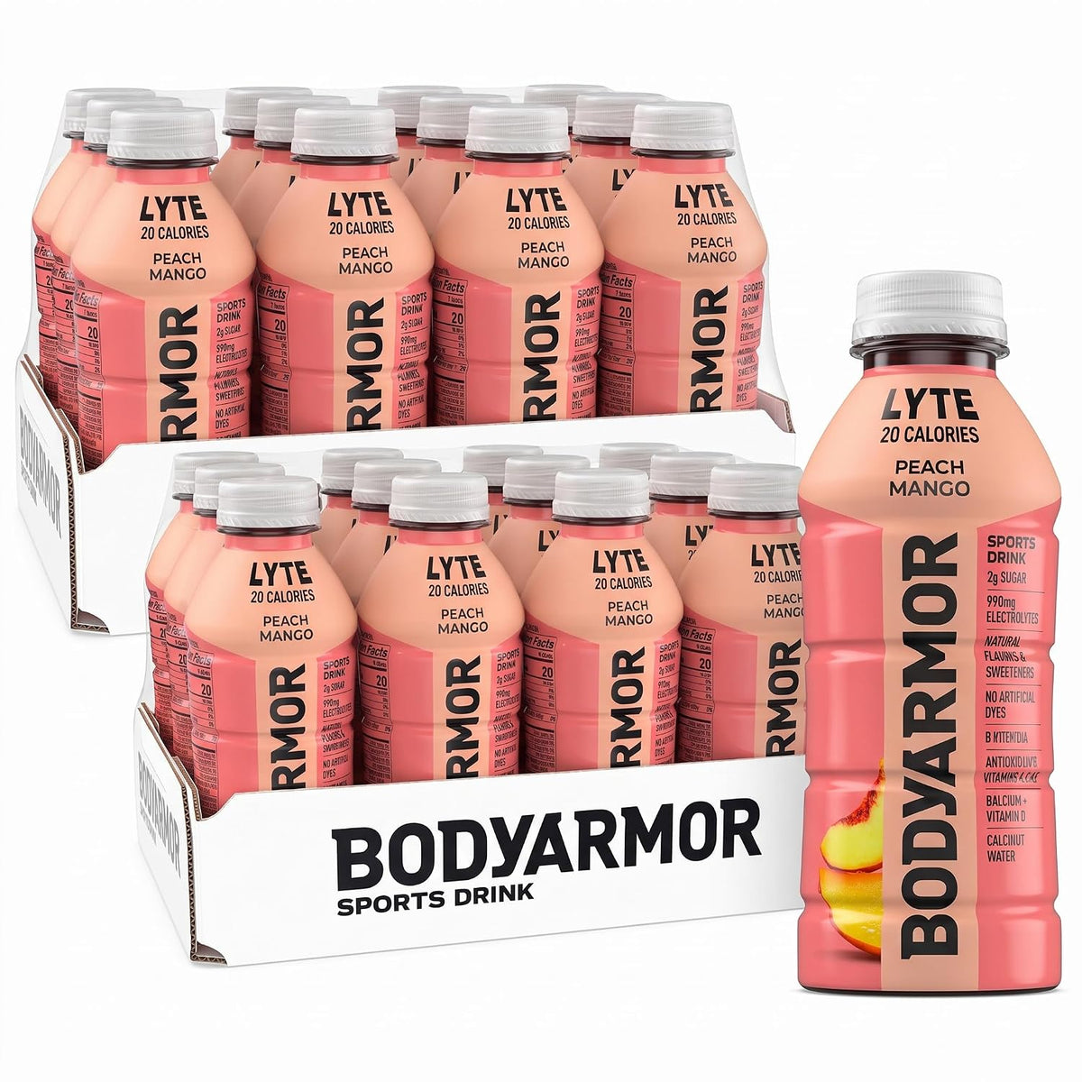 BODYARMOR LYTE,Peach Mango,Electrolyte Drink,20 Calories,16 Fl Oz Bottles,Coconut Water Sports Drink,Natural Flavor & B Vitamins,(Pack of 24)