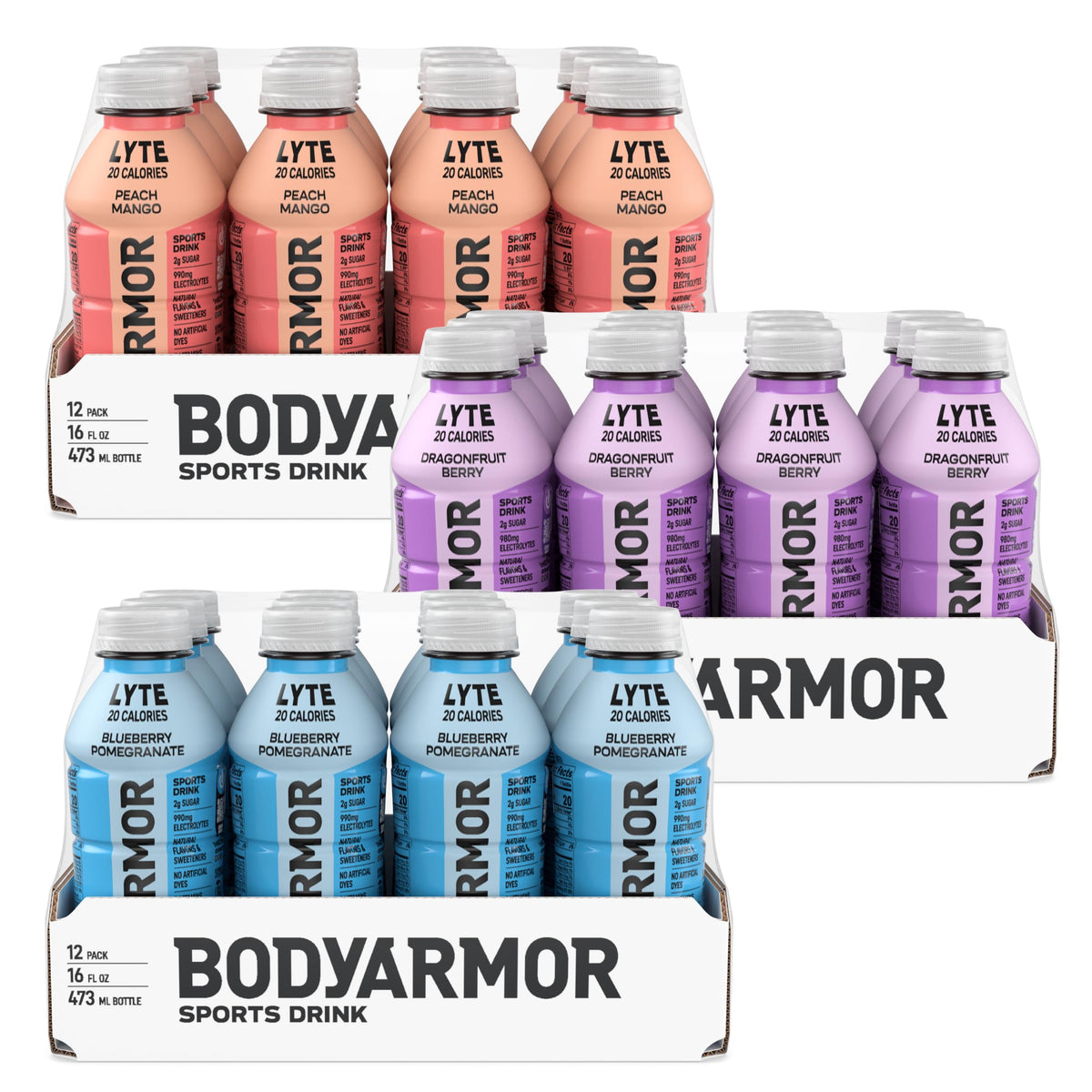 BODYARMOR LYTE,Peach Mango,Electrolyte Drink,20 Calories,16 Fl Oz Bottles,Coconut Water Sports Drink,Natural Flavor & B Vitamins,(Pack of 24)