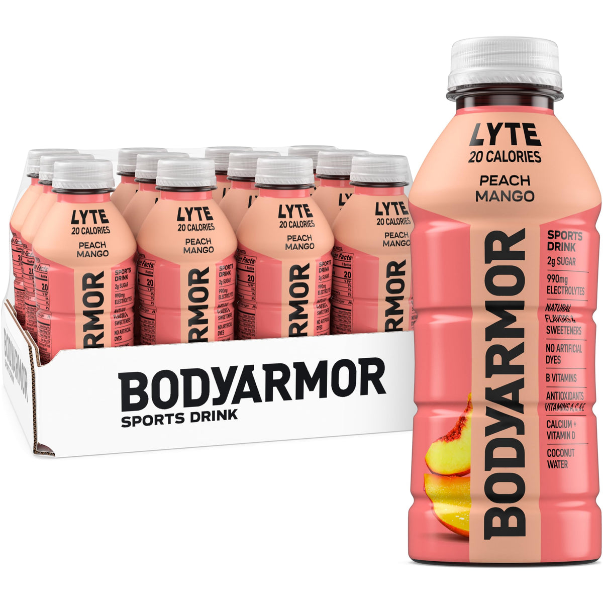 BODYARMOR LYTE,Peach Mango,Electrolyte Drink,20 Calories,16 Fl Oz Bottles,Coconut Water Sports Drink,Natural Flavor & B Vitamins,(Pack of 24)