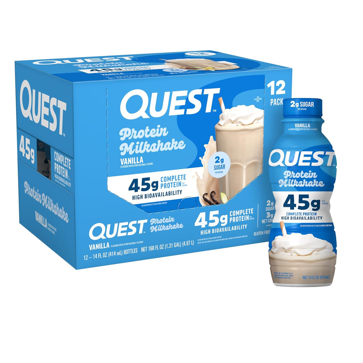 Quest Nutrition Vanilla Protein Shake, 45g Protein, 2g Sugar, 3g Net Carbs, Ready to Drink, Gluten Free, 12 Count