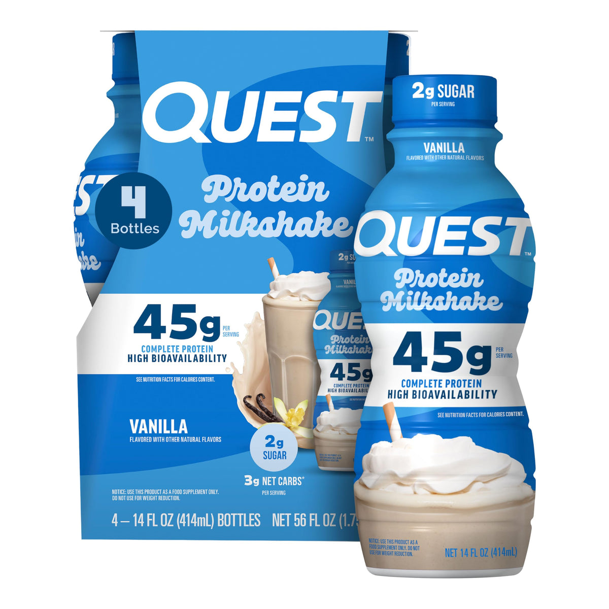 Quest Nutrition Vanilla Protein Shake, 45g Protein, 2g Sugar, 3g Net Carbs, Ready to Drink, Gluten Free, 12 Count